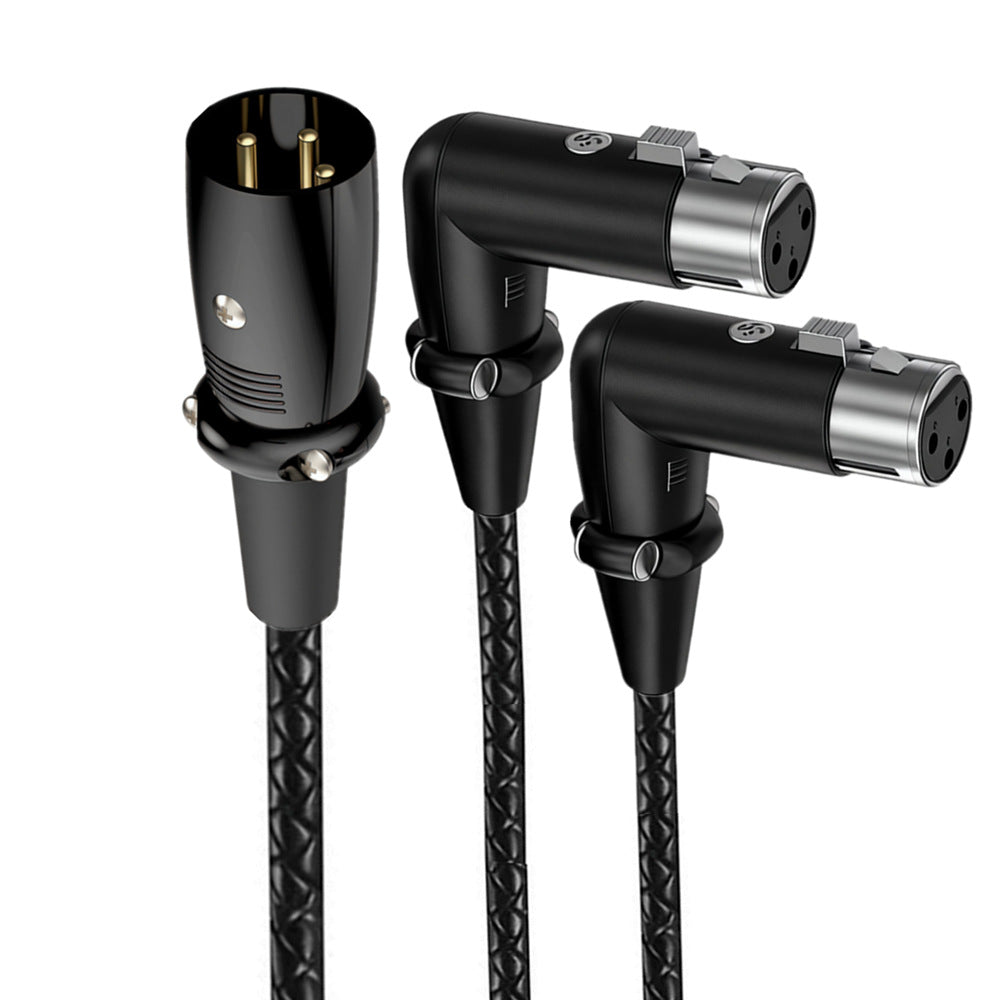 XLR splitter cable connecting microphone to two audio interfaces in professional studio setup