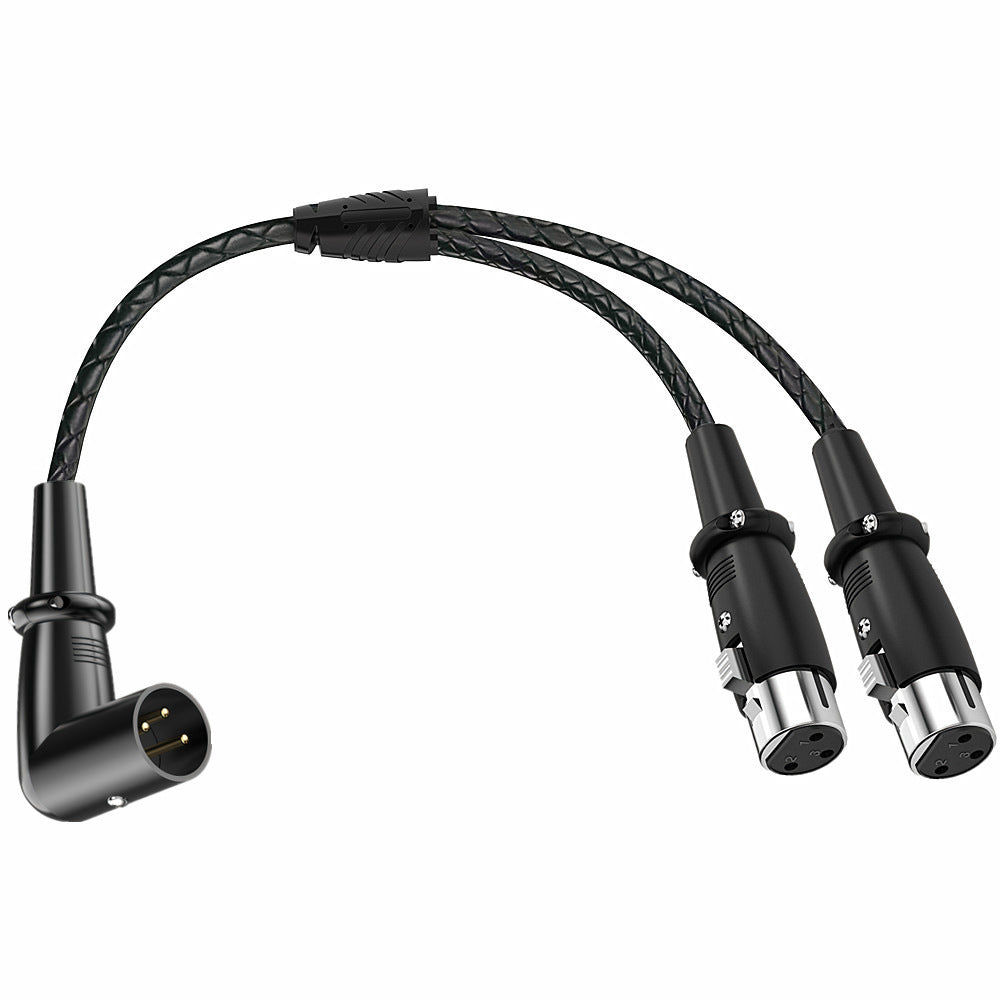 3-pin XLR Y splitter cable with 1 male to 2 female right-angle XLR connectors