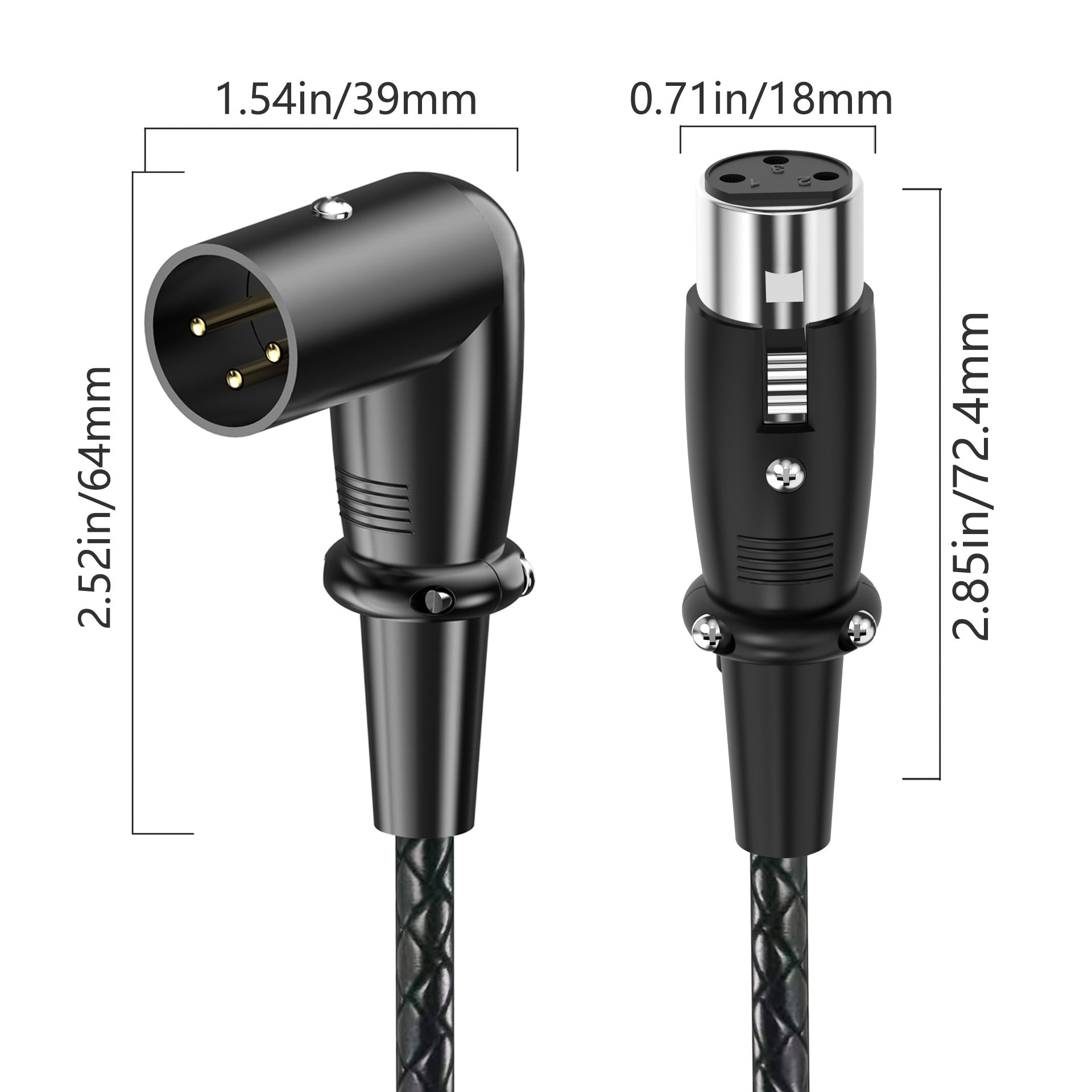 3 pin XLR Y splitter cable with 1 male to 2 female right-angle XLR connectors