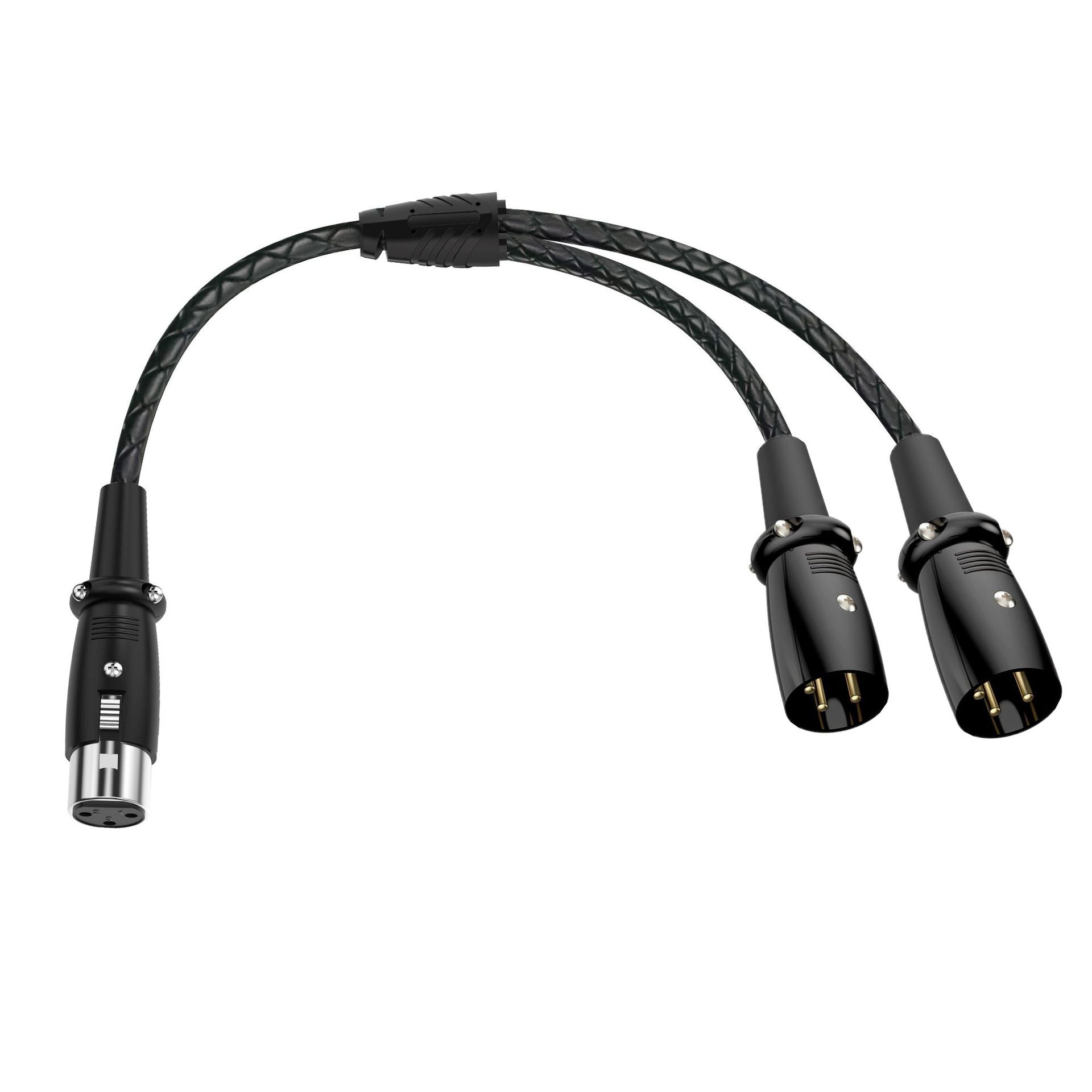 Black audio cable with two XLR connectors on a white background