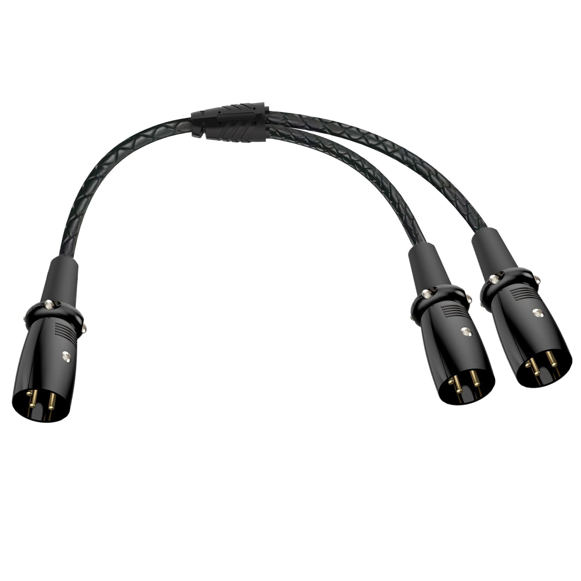 Black audio cable with three XLR connectors on a white background