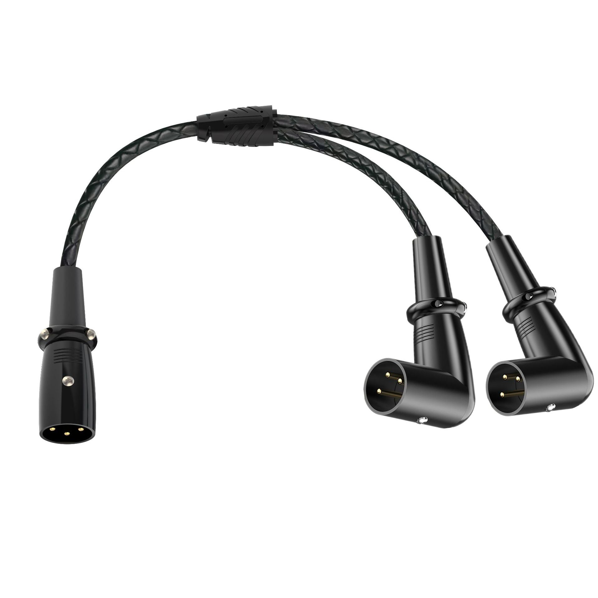 Black audio cable with three XLR connectors on a white background