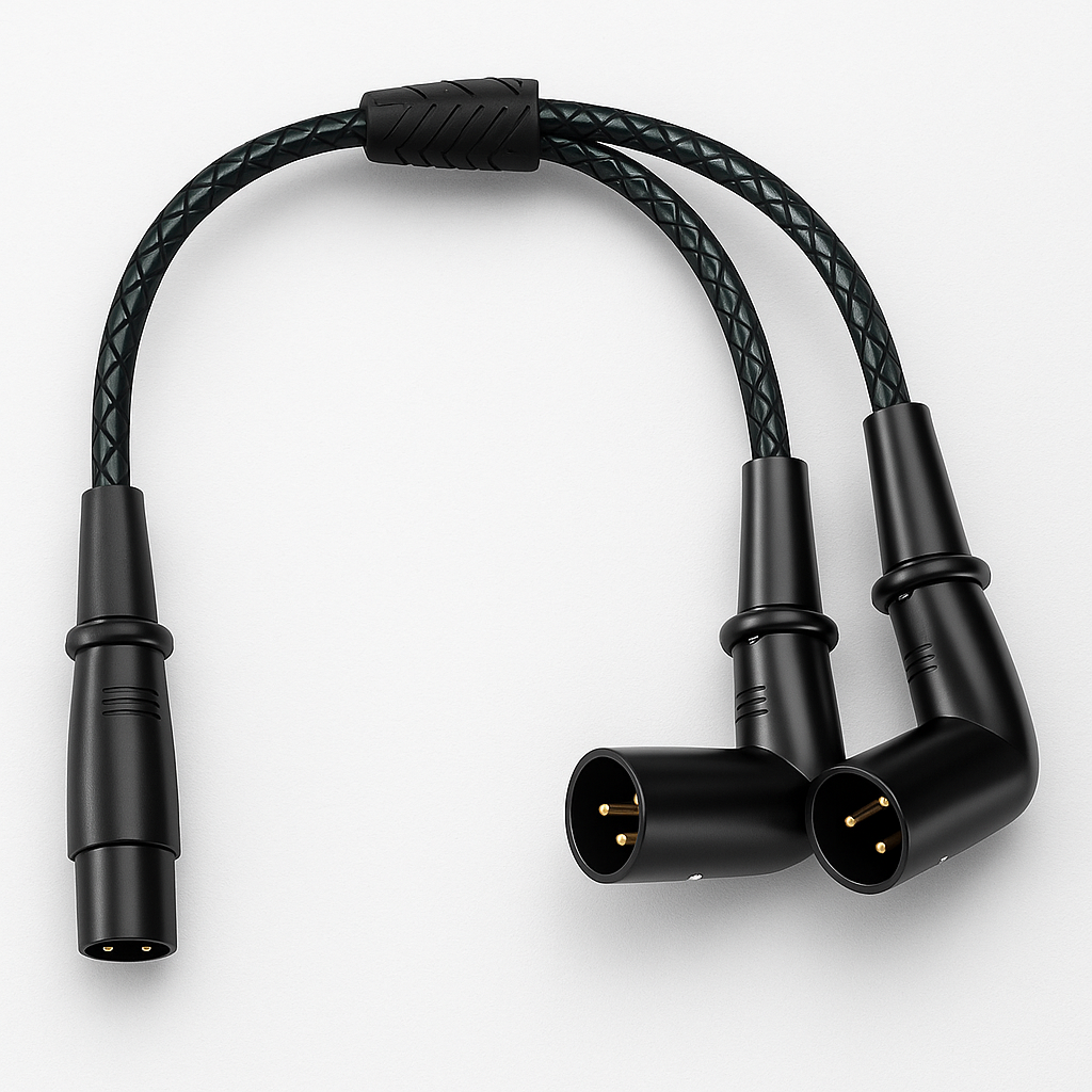 Black audio cable with two connectors on a white background