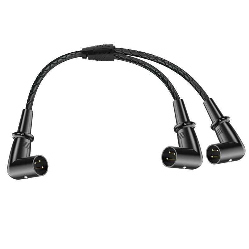 Black cable with three XLR connectors on a white background