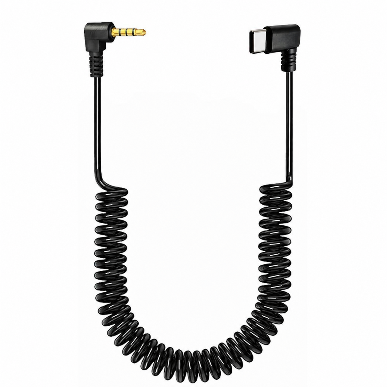 A black coiled audio adapter cable with a 3.5mm right-angle plug on one end and a USB-C right-angle plug on the other, shown on a plain white background.