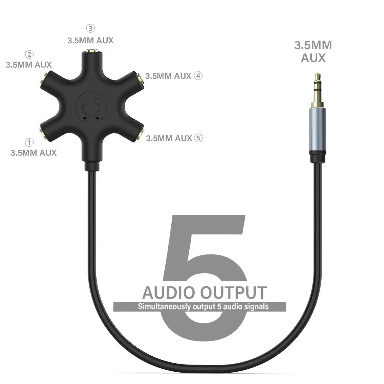 3.5mm male to five female stereo headphone splitter cable for sharing audio with multiple headphones