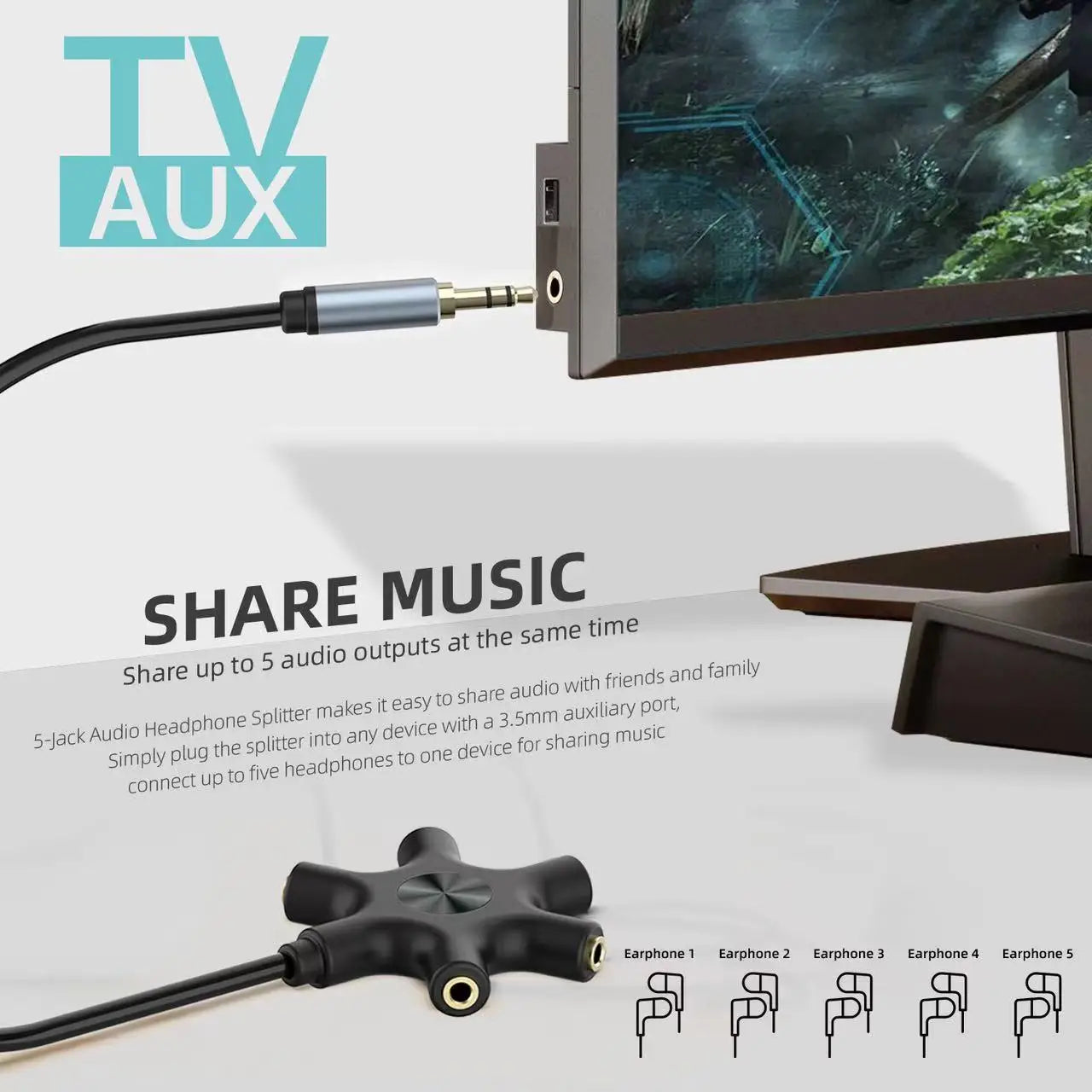 3.5mm male to five female stereo headphone splitter cable for sharing audio with multiple headphones