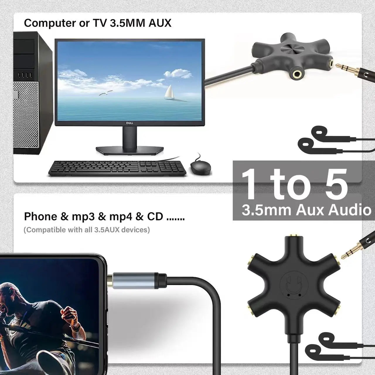 3.5mm male to five female stereo headphone splitter cable for sharing audio with multiple headphones