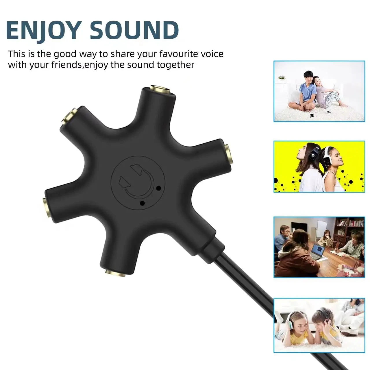 3.5mm male to five female stereo headphone splitter cable for sharing audio with multiple headphones