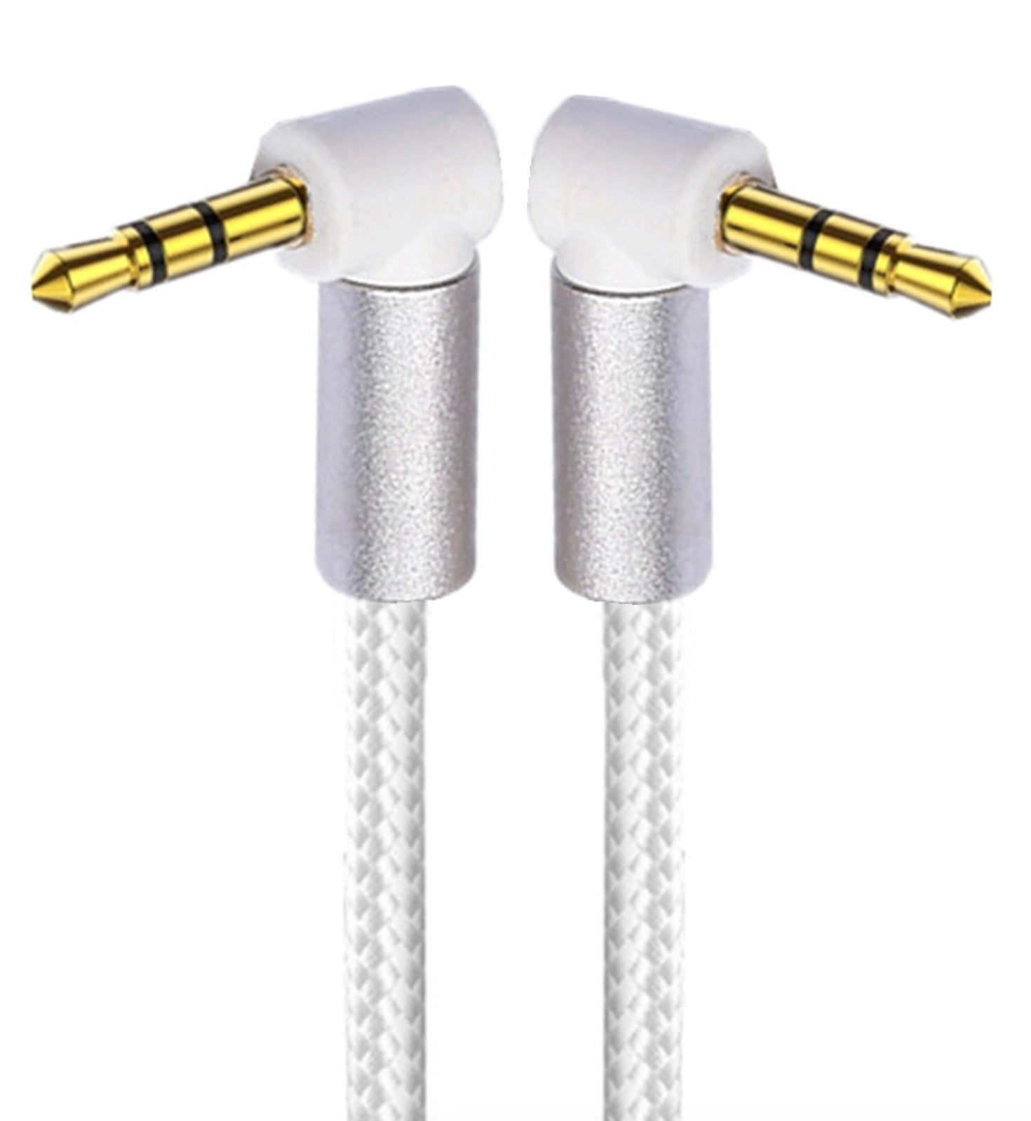 A white 3.5mm TRS audio cable with gold-plated connectors and a braided design.