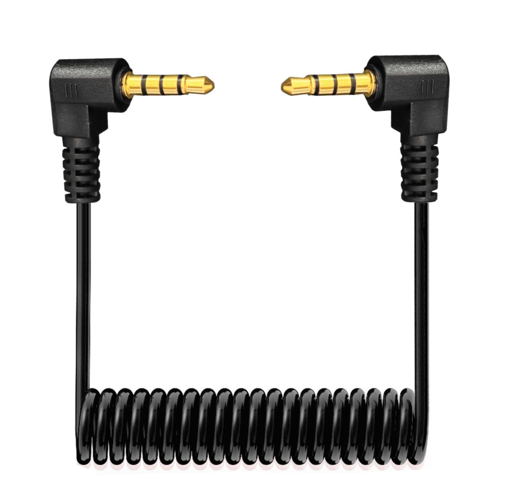 3.5mm coiled TRRS 4-pole angled male to male stereo audio aux extension cable spiral black