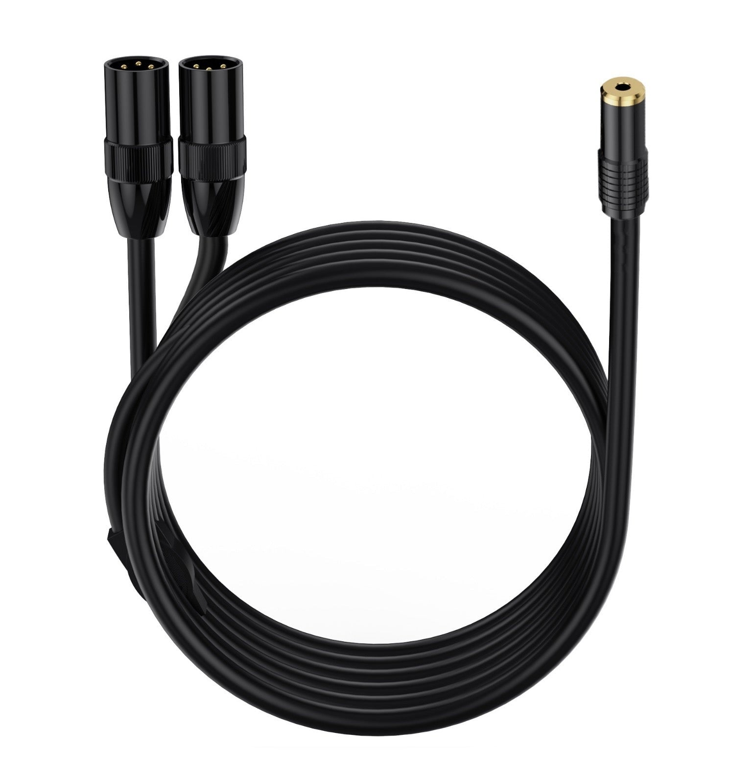 A black 3.5mm to XLR Y splitter cable with 3.5mm female connector on one end and dual XLR male connectors on the other.