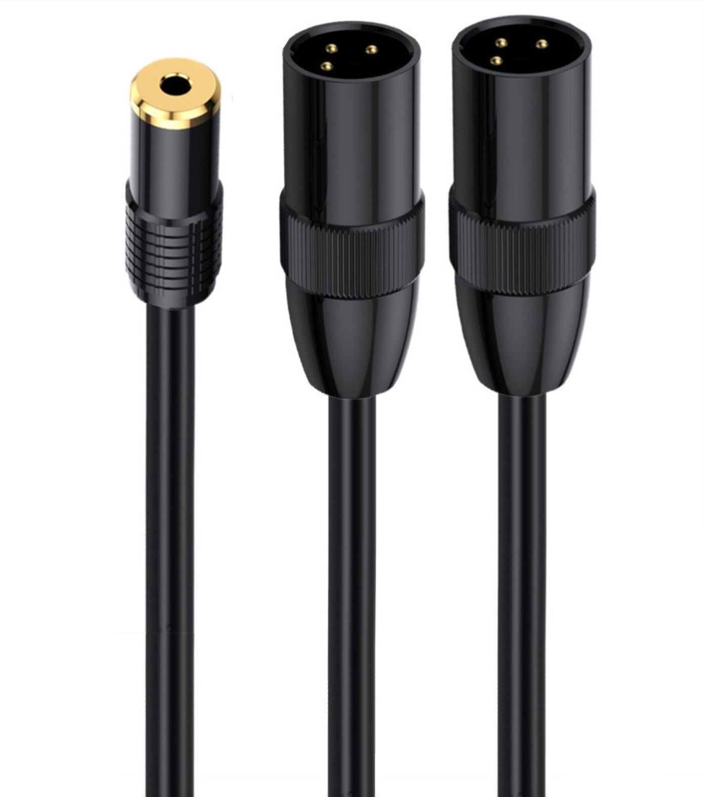 Black audio cable with XLR female and 3.5mm male connectors on a white background