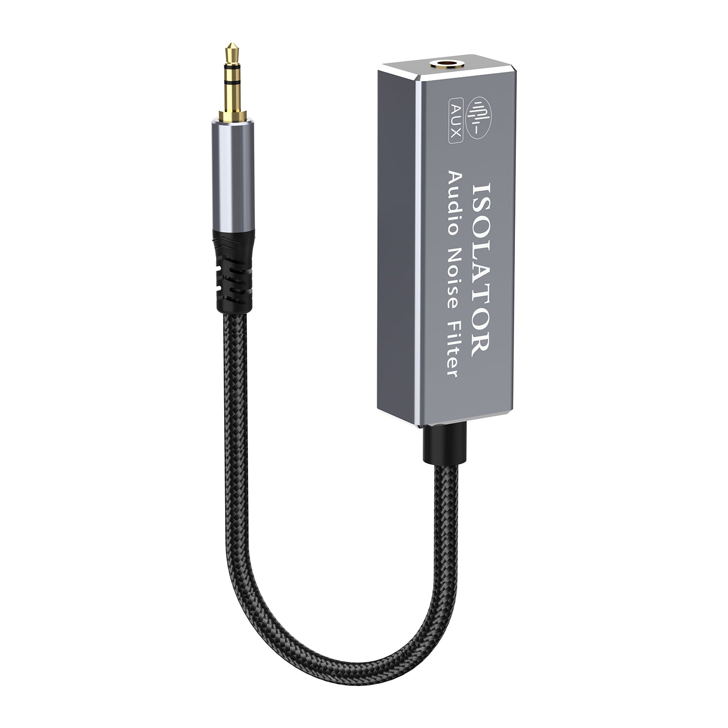 A ground loop filter noise isolator with a 3.5mm male connector on one end and a 3.