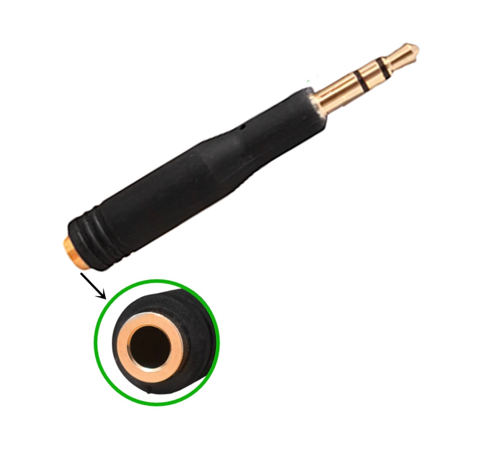 Black and gold audio adapter on a white background