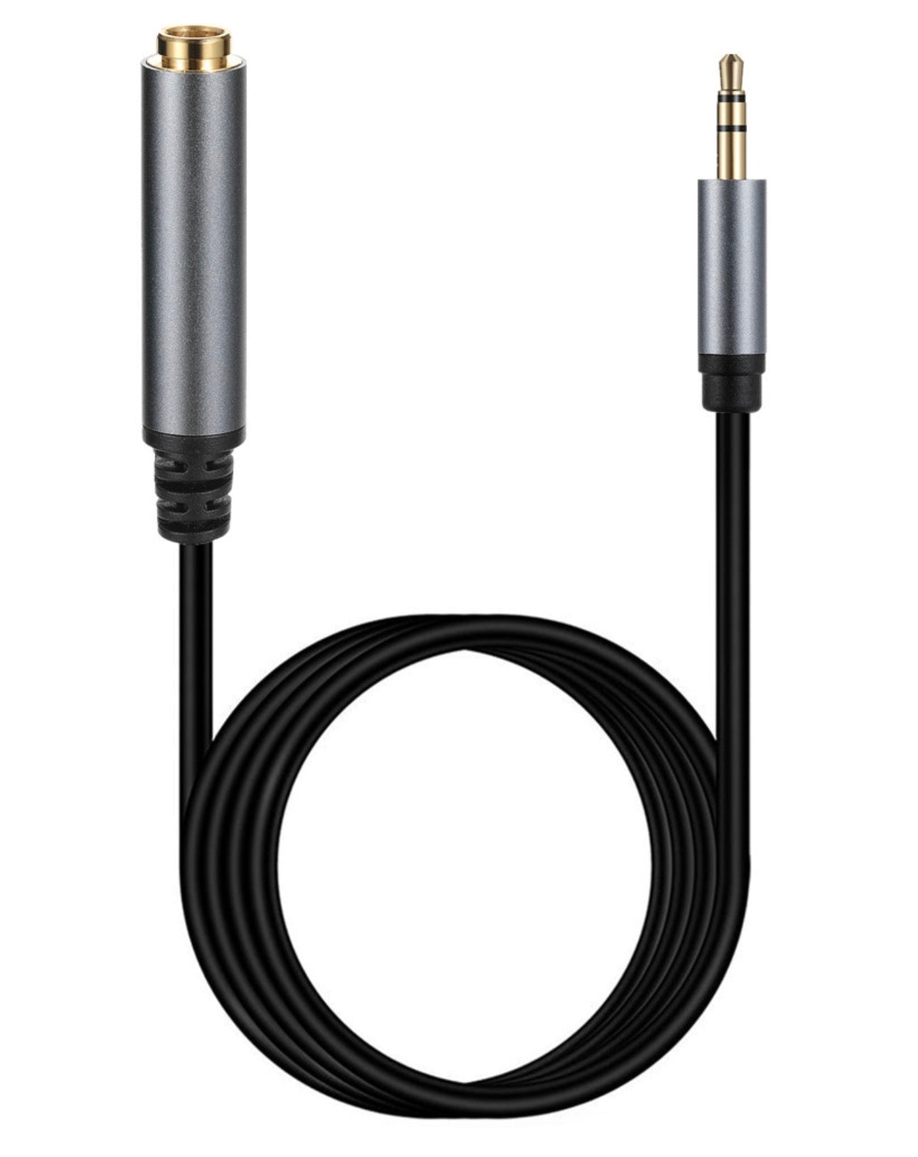 Black audio cable with silver connectors on a white background