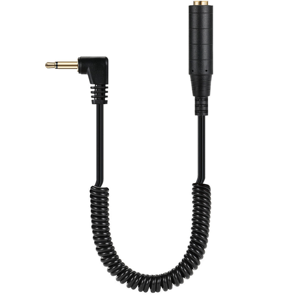 A black coiled extension cable with a 3.5mm mono male connector on one end and a 6.35mm female jack on the other end.