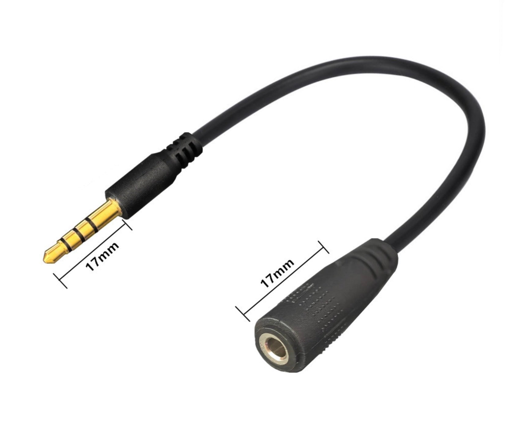 Black audio adapter cable with 3.5mm plug and socket on a white background