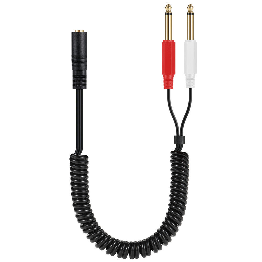 A 3.5mm (Mini) 1/8" TRS Stereo Female to Dual 1/4 Inch 6.35mm Mono TS Male Y Splitter Spiral Cable, coiled and colored black.