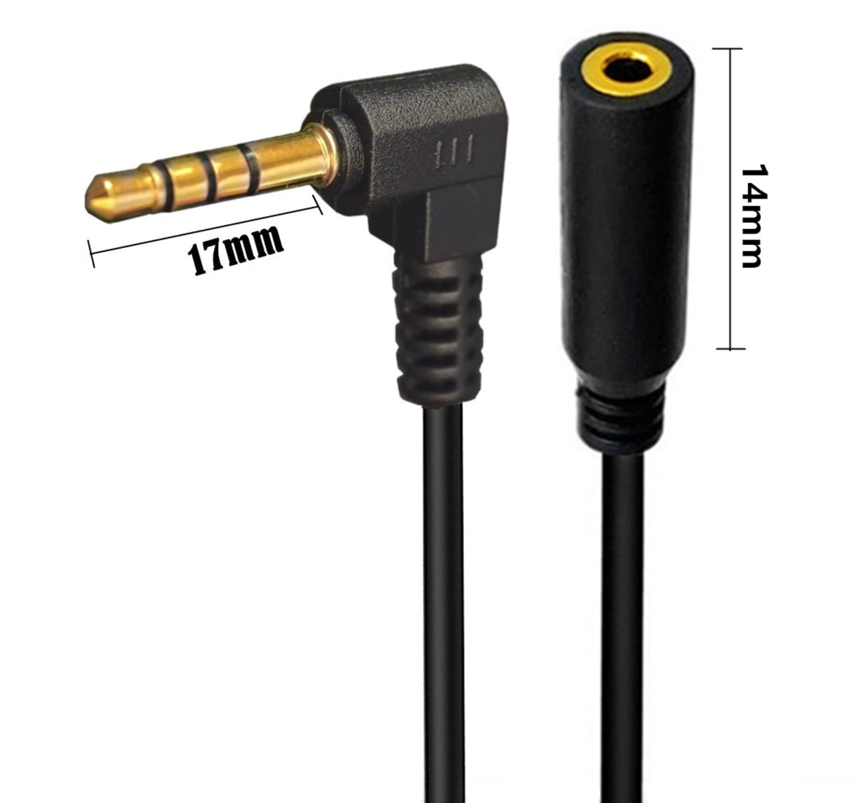 Audio cable connector with measurements on a white background