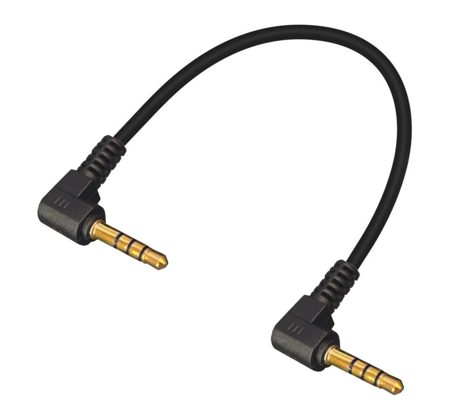 Black audio cable with gold connectors on a white background