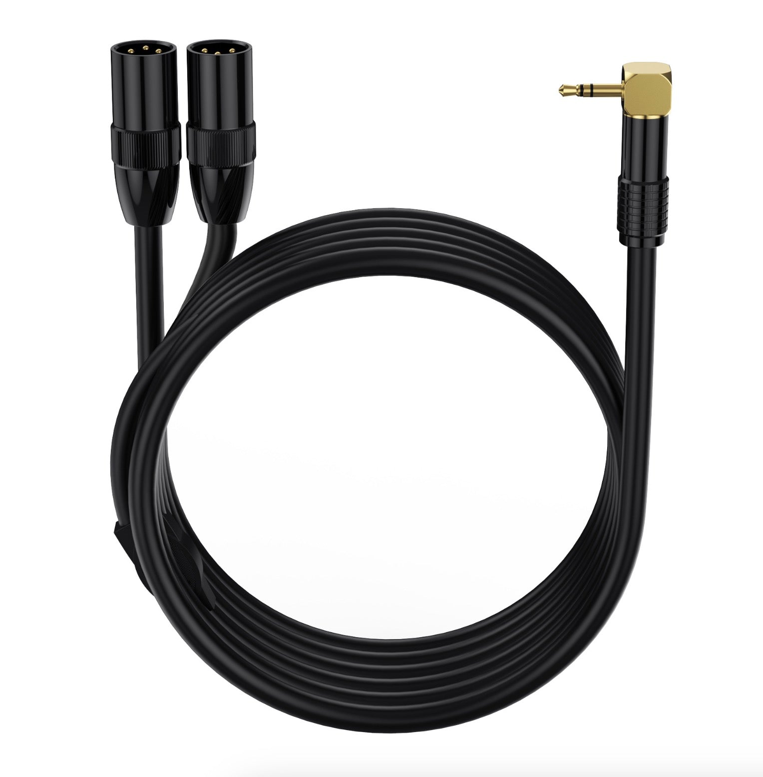 3.5mm to 2 XLR Y splitter cable with angled connectors and a black jacket.