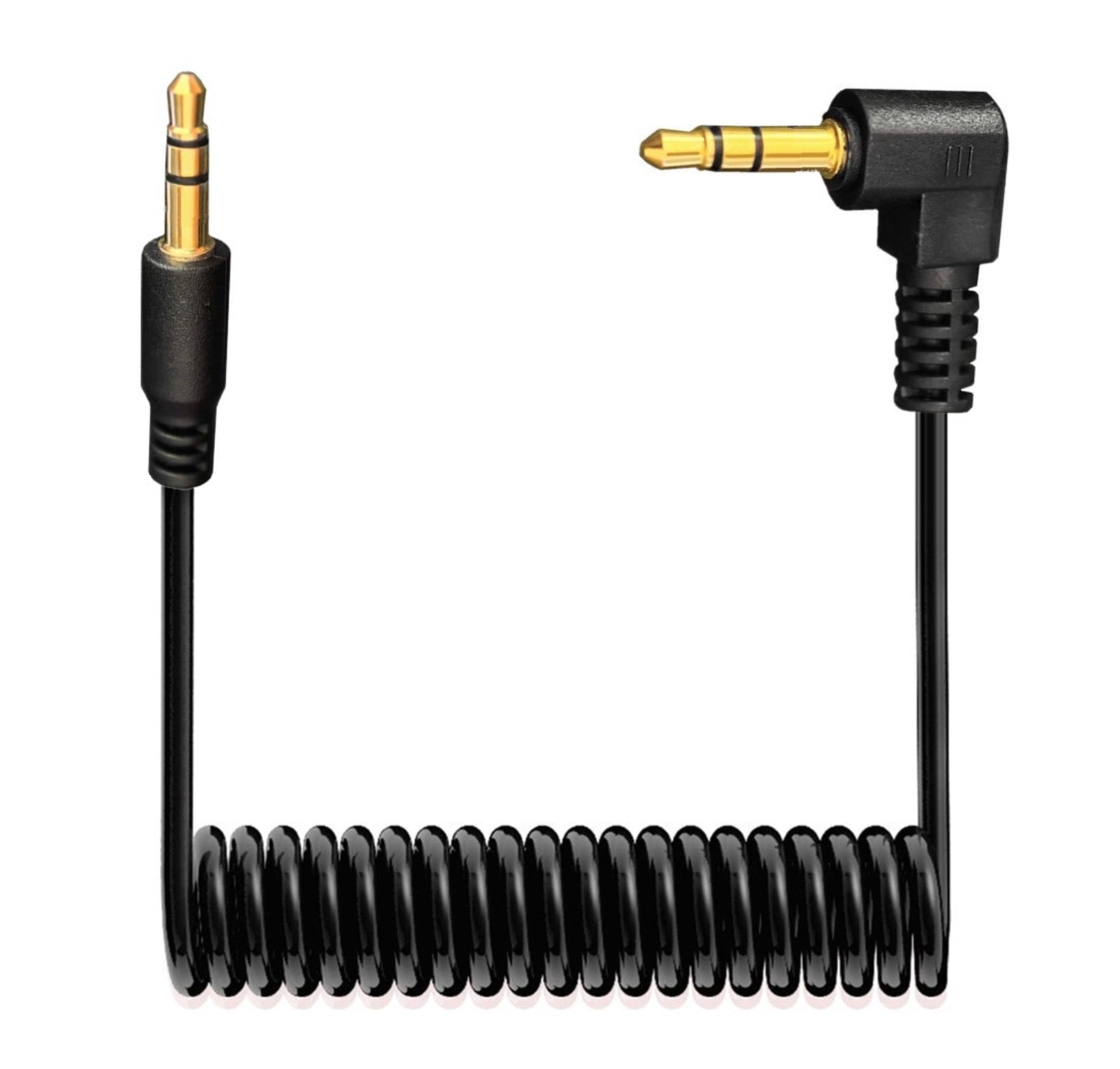 3.5mm TRS coiled stereo aux cable straight male to right angle male black