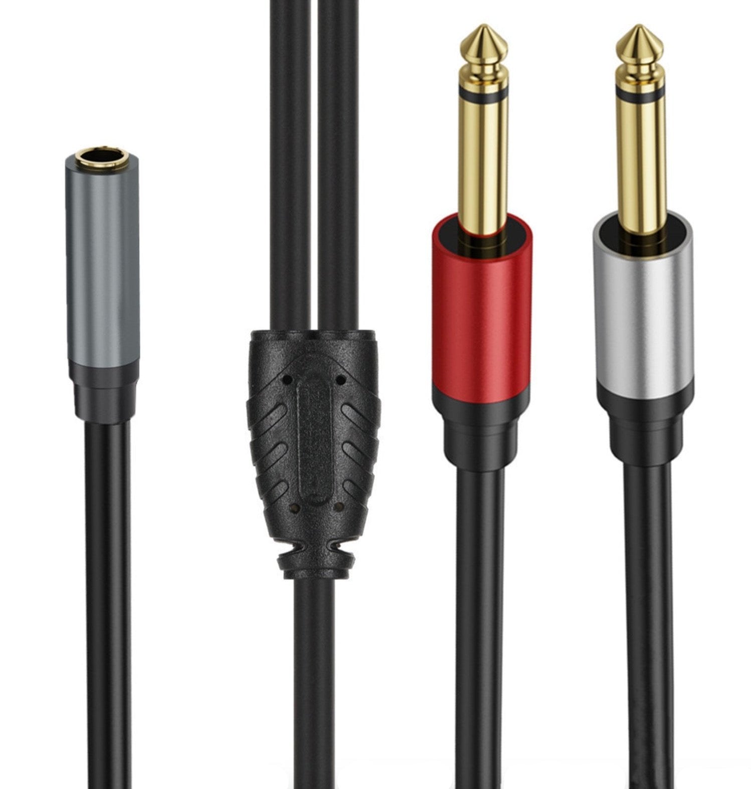 A collection of 1/4" stereo to dual 1/4" mono insert cables with 3.5mm quarter inch female TRS to dual 1/4 inch male Y audio splitter.
