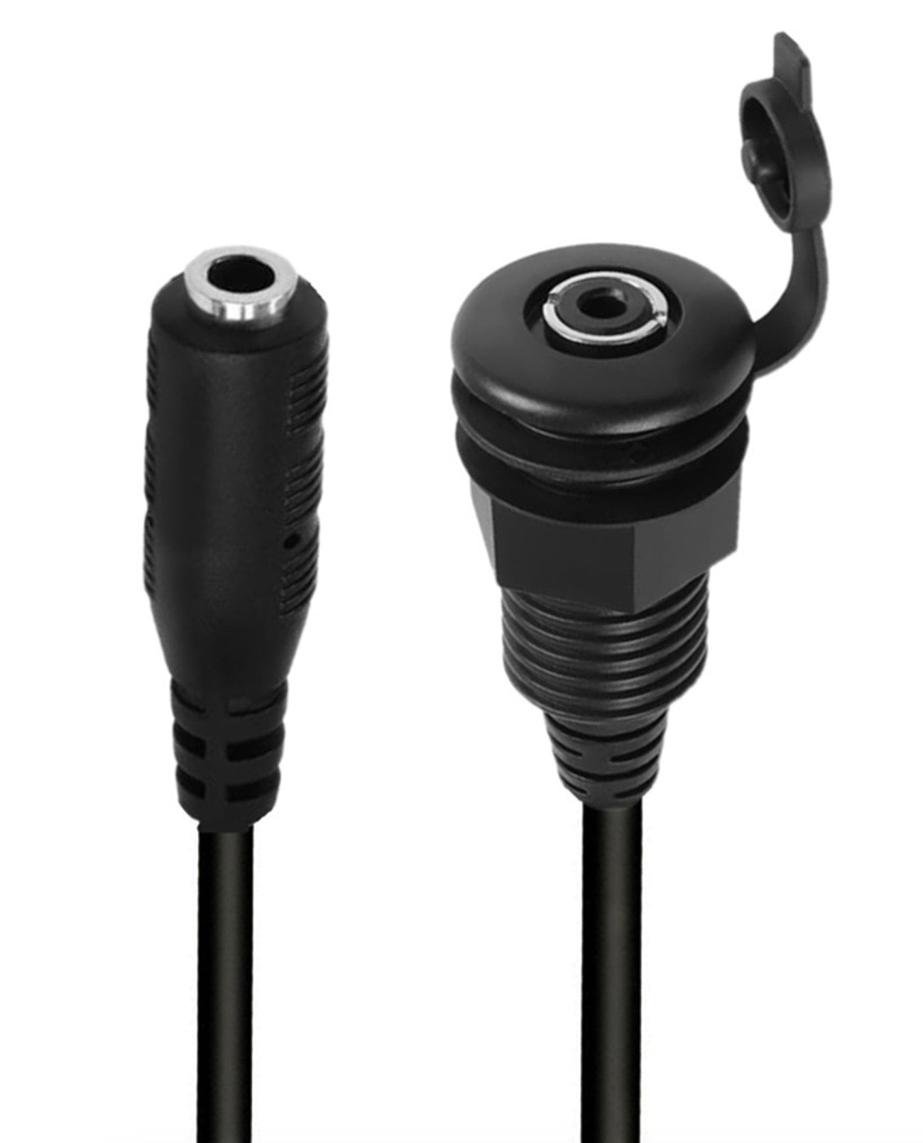 A black 3.5mm stereo threaded fixing mount waterproof cable with a TRS female to female connector on one end and a nut for secure mounting on the other.