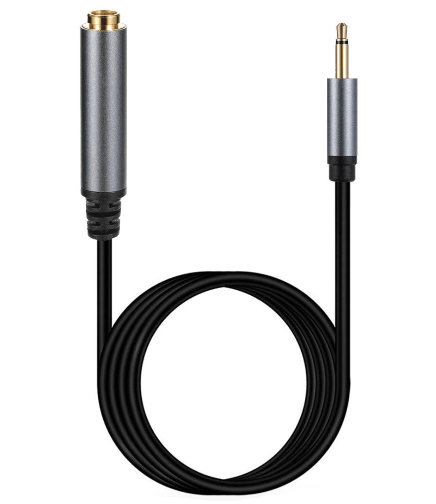 Black audio cable with silver connectors on a white background