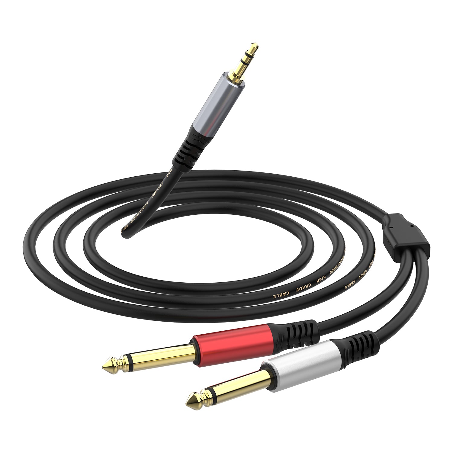 3.5mm TRS to dual 6.35mm TS stereo Y splitter cable for connecting phones to amplifiers and mixers