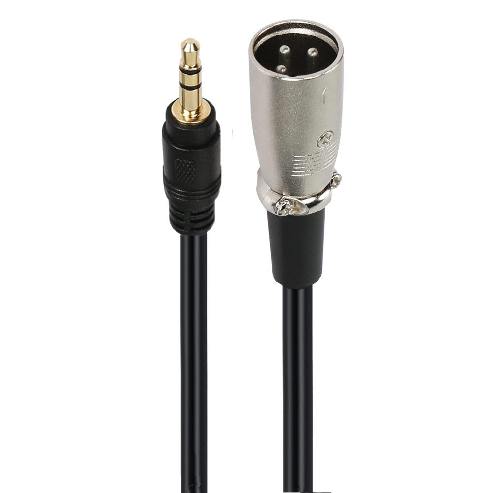 A black 3.5mm male to XLR male audio cable, with gold-plated connectors and a zinc alloy plug.