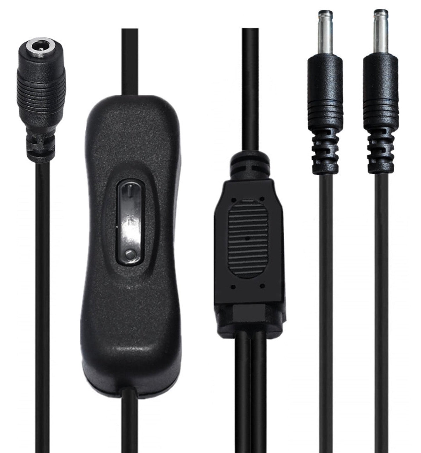 Dual DC male connectors with female input close up