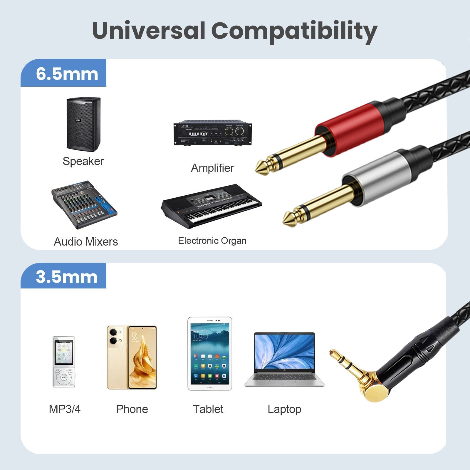 Diagram showing 6.5mm and 3.5mm audio cable compatibility with various electronic devices.