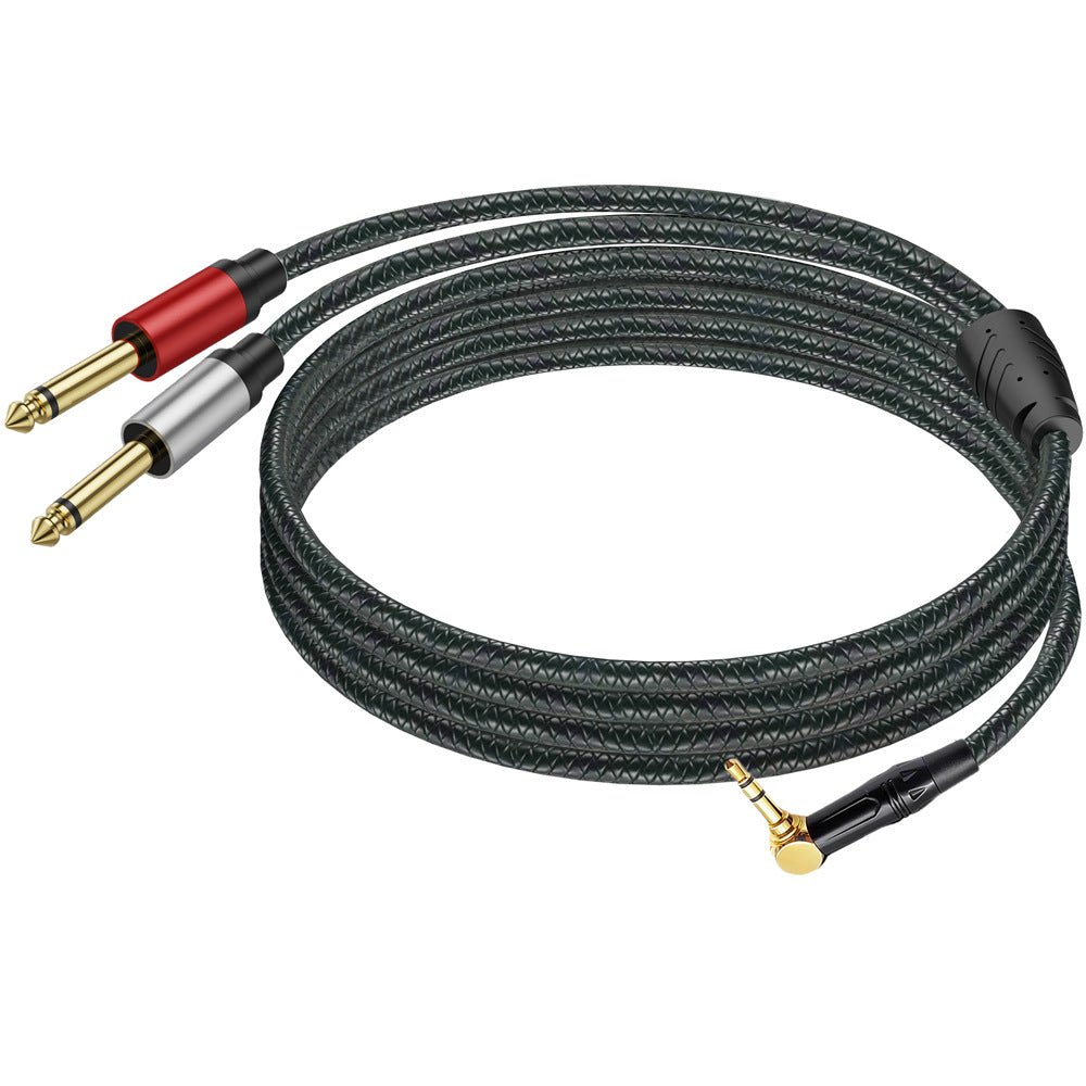 Braided audio cable with jack connectors on a white background
