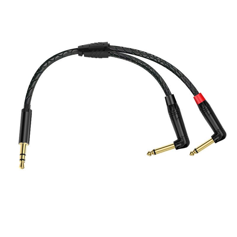 Black audio cable with gold connectors on a white background