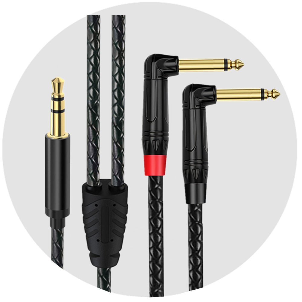 Two audio cables with gold and black connectors on a white background
