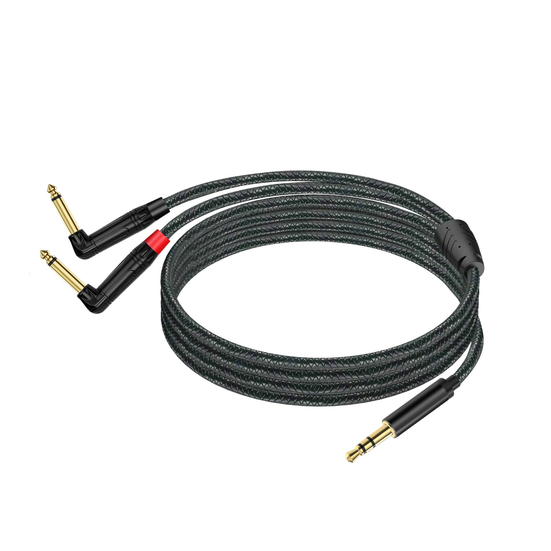 Braided audio cable with gold-plated connectors on a white background