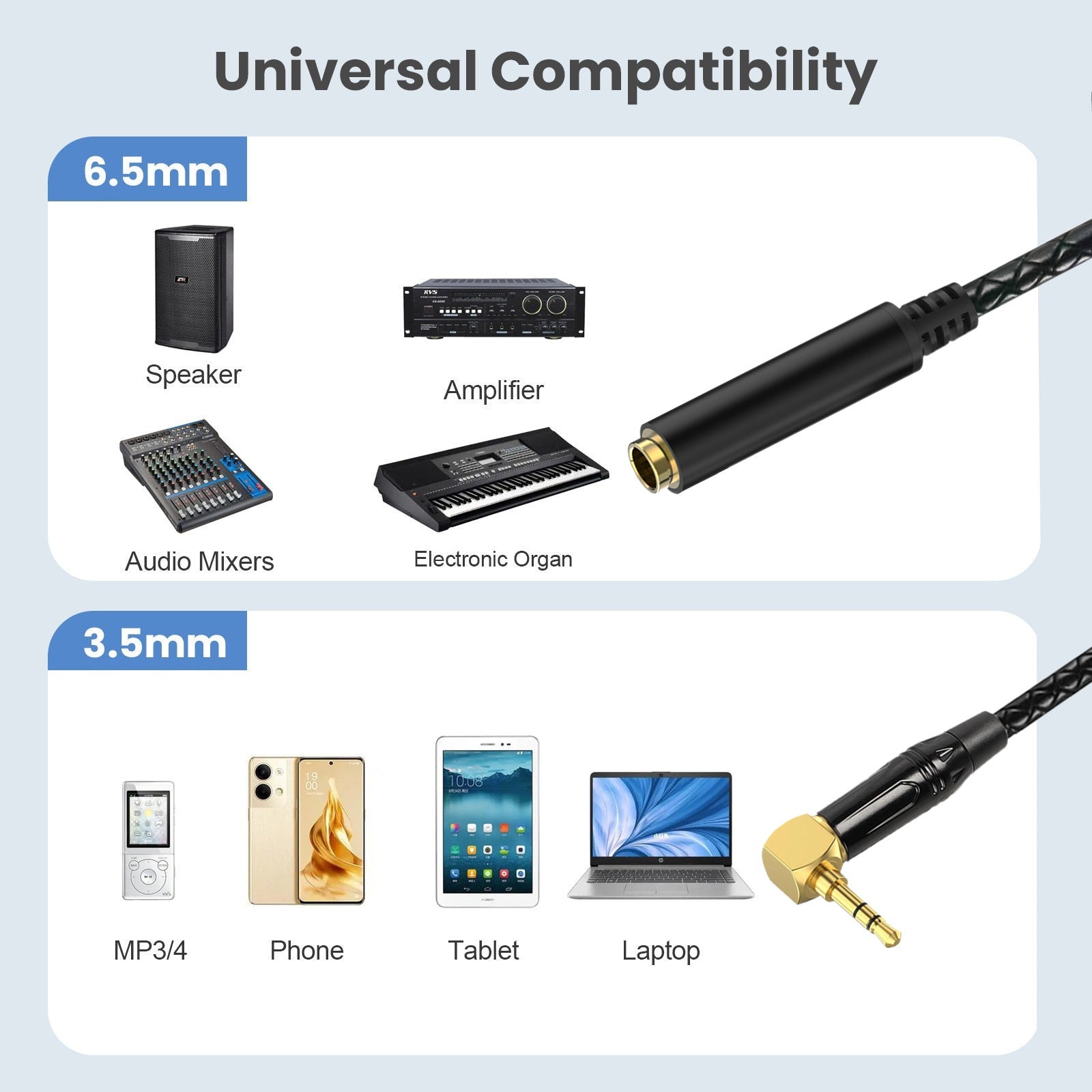 Diagram showing 6.5mm and 3.5mm audio adapter compatibility with various devices.