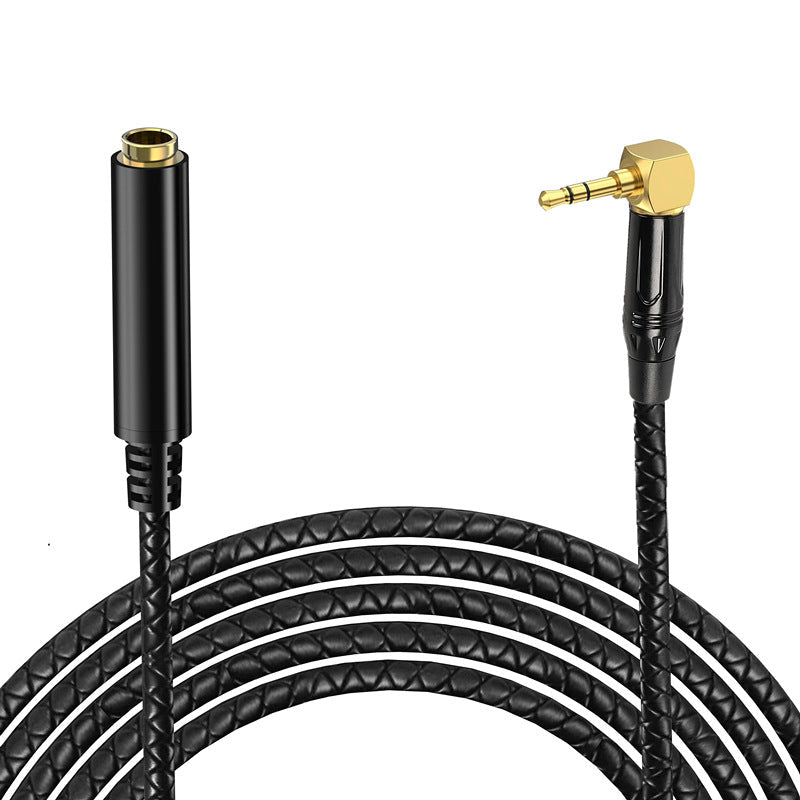 Black audio cable with gold connectors on a white background