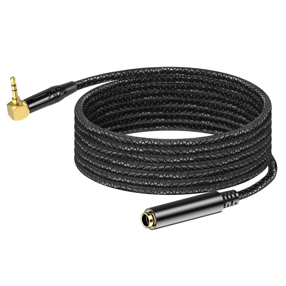 Black braided audio cable with gold connectors on a white background
