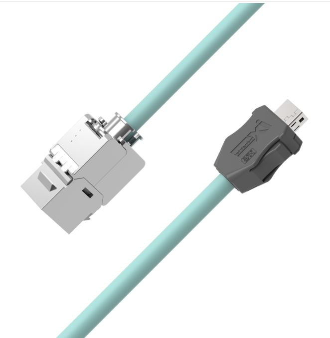 Light blue cable with silver and gray connectors on a white background