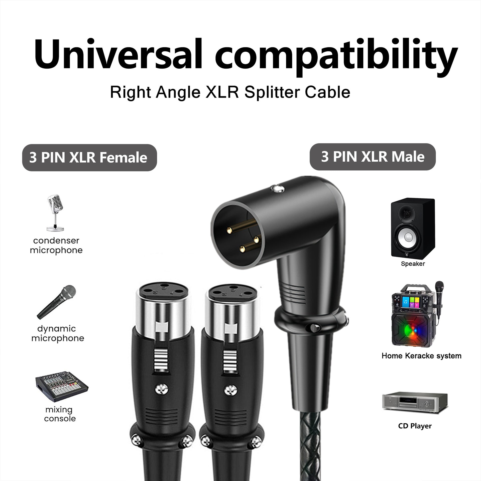 3-pin XLR Y splitter cable with 1 male to 2 female right-angle XLR connectors braided audio cable