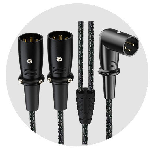 Black audio cable with various connectors on a white background