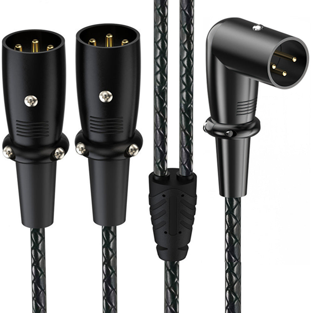 Two black audio cables with XLR connectors on a white background