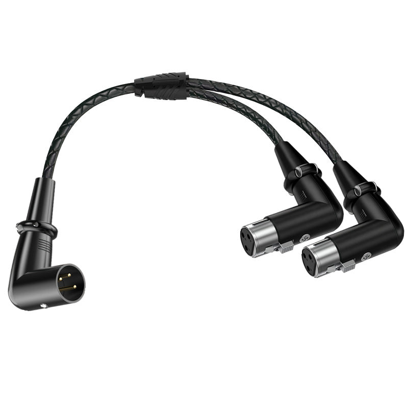 3-pin XLR Y splitter cable with 1 male to 2 female right angle XLR connectors and braided audio cable