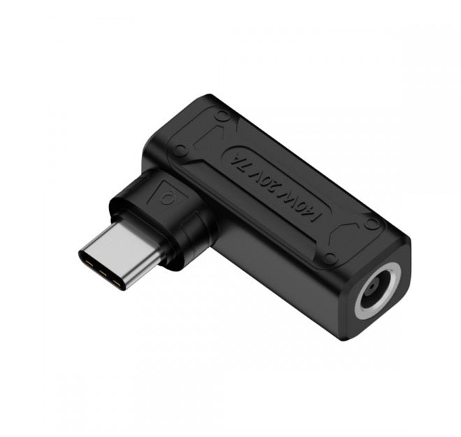 A black DC female to USB C male power plug charging adapter with a PD 140W output.