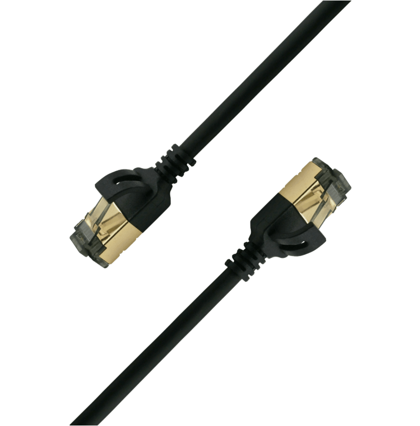 Black Ethernet cable with gold connectors on a white background