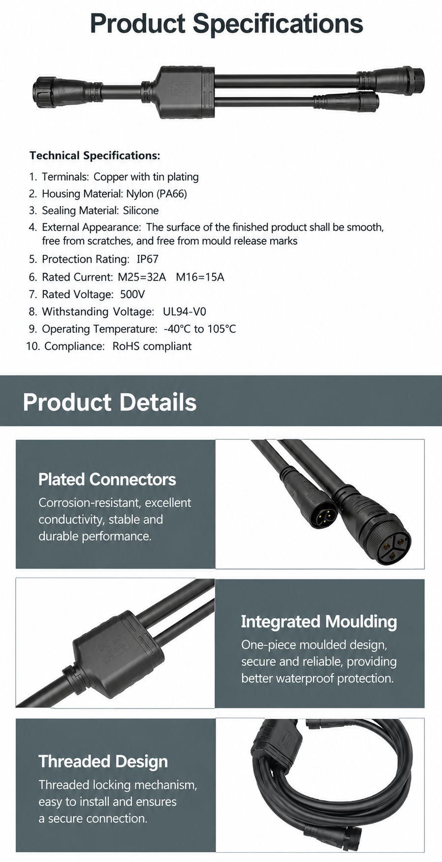 MC4 Y Branch Solar Connector – IP67 2 to 1 Photovoltaic Cable Adapter