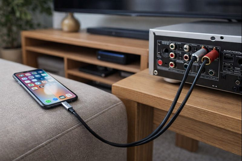 Smartphone connected to an audio receiver via cables on a wooden table.